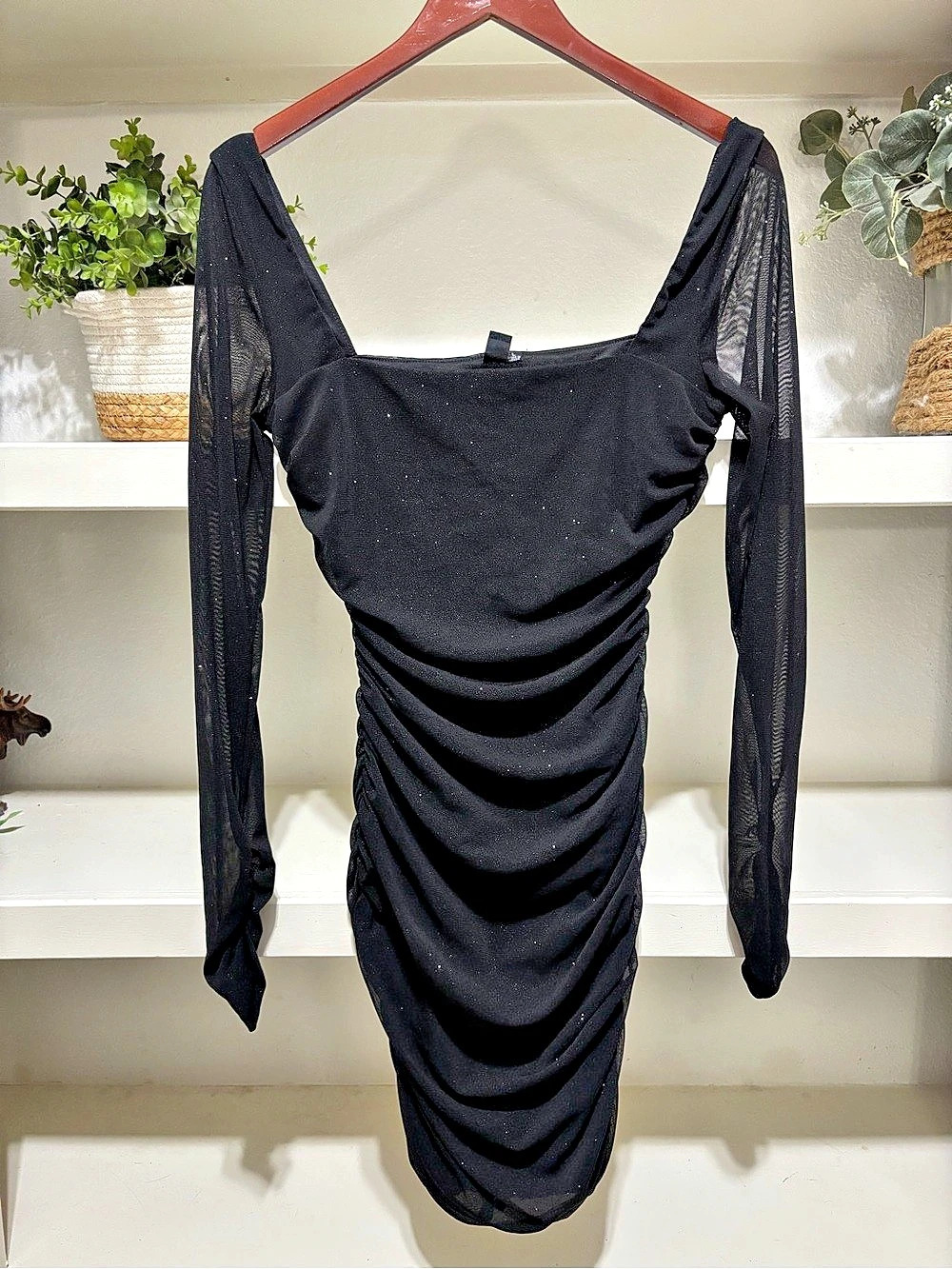 Windsor All About The Glitz Glitter Mesh Long Sleeve Mini Dress Mini Dress Black